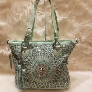 MINT RHINESTONE SUNBURST DESIGN SHOPPER TOTE